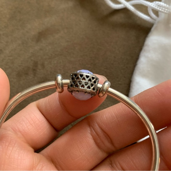 Pandora Open Bangle Charm Bracelet w/ 1 Pandora Charms & 2 Pandora Stoppers EUC - Picture 6 of 16